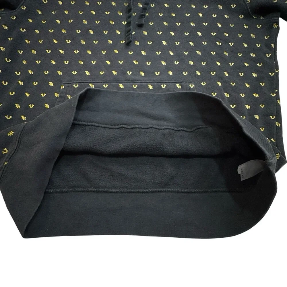 True Religion Monogram Pullover Hoodie Black Gold All Over Horseshoe Logo Mens L
